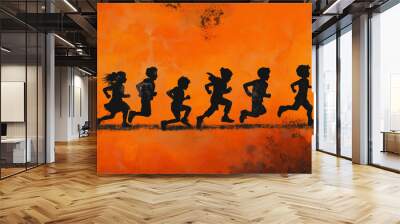 October night illustration, skittish girl in a black costume and hat creates creepy silhouette, embodying the horror and scary vibes of Halloween, as children in background enjoy the festive party. Wall mural