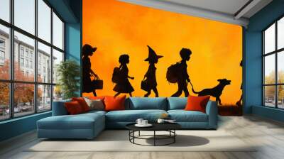 October night illustration, skittish girl in a black costume and hat creates creepy silhouette, embodying the horror and scary vibes of Halloween, as children in background enjoy the festive party. Wall mural