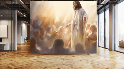 Preaching message of faith, holy scripture, essence of Christianity to believers, non-believers alike. Through watercolor Christian artist portrays profound love of God and teachings of Jesus Christ. Wall mural