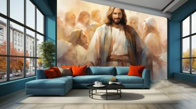 Preaching message of faith, holy scripture, essence of Christianity to believers, non-believers alike. Through watercolor Christian artist portrays profound love of God and teachings of Jesus Christ. Wall mural