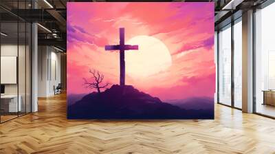 Silhouette of cross against colorful sky inspired deep spiritual faith, At sunset, reminding believers of Jesus Christ and profound essence of their religion amidst glowing light and drifting clouds. Wall mural