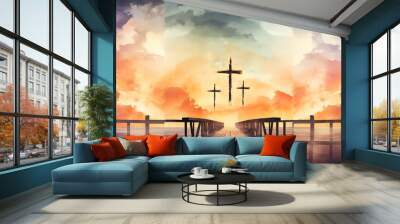 Silhouette of cross against sky at sunset symbolizes bridge between humanity and God in Christian faith, reminding believers of holy presence of Jesus Christ and religious belief and faith. Wall mural