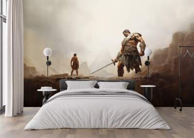 The story of David and Goliath from the Bible illustrates the triumph of faith and strength as the young shepherd defeats the giant, securing a remarkable victory. Wall mural