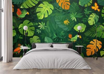 A green backdrop with cheerful leaf and animal pattern Wall mural