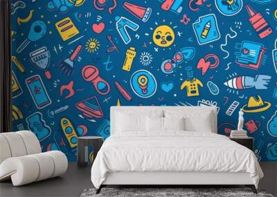 Hand-drawn doodles pattern with various icons on a blue background Wall mural