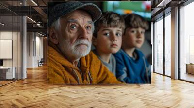 Energetic fans. Old grandpa young dad tween boy son sit on cozy sofa watch football game live broadcast on television. Three male members of multi generational family support soccer team,Generative AI Wall mural