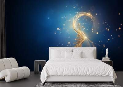 Gold light music note on blue background, Generative AI Wall mural