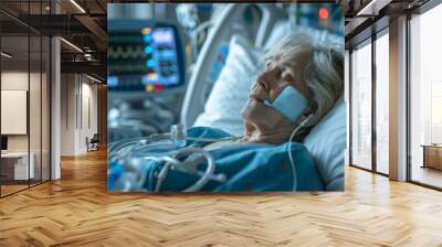 middle aged woman lies in a hospital ward, connected to life support equipment, monitors, Generative AI Wall mural