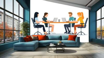 Office people teamwork coworking. Communication and brainstorming. Colored flat illustration. Isolated on white background, Generative AI Wall mural