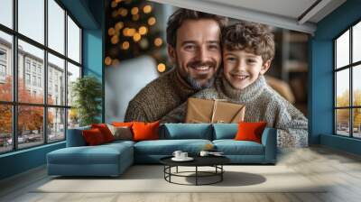 Smiling man hugging son and holding present at home, Generative AI Wall mural