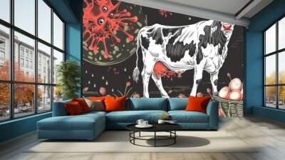 Bird flu spreads to dairy cows , red virus in background , The United States , chicken , illustration,Generative AI Wall mural