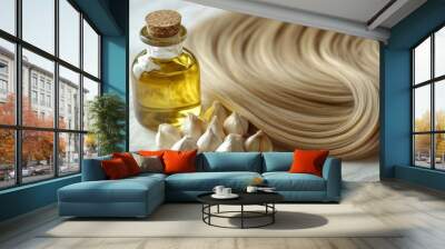 Concept of Garlic oil nourishes hair and scalp , Garlic extract , Generative AI Wall mural