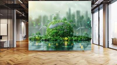 Concept of green economy, hand holding a world full of trees ,wind turbines, solar cells, illustration, Generative AI Wall mural