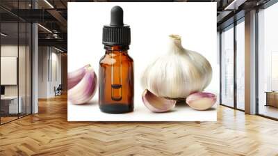 Garlic oil in a brown dropper bottle with garlic next to it,on white background , Garlic Extract , Generative AI Wall mural