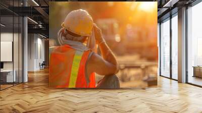 Heat wave, construction workers in hot weather,hot weather shines a light on health, hot weather,heat illness, heat stroke, Generative AI Wall mural