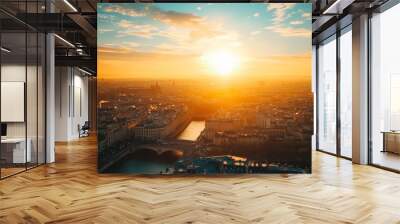 Photo of Bright sunlight shines on a European city, high angle view on a very hot day , heat wave , Generative AI Wall mural