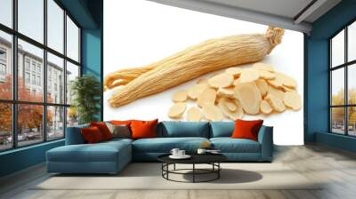 Photo of Dried ginseng sliced ​​ on white background , Concept of ginseng extract , Generative AI Wall mural