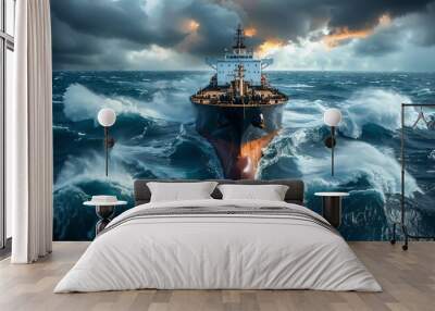 A large ship braves the turbulent ocean under a dramatic sky. Waves crash forcefully around the vessel, highlighting the ship's strength against the elements in this striking seascape. Wall mural