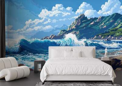 Experience the breathtaking beauty of a serene beach scene where vibrant waves crash against rocky shores, with a backdrop of lush green hills and a bright blue sky above. Wall mural