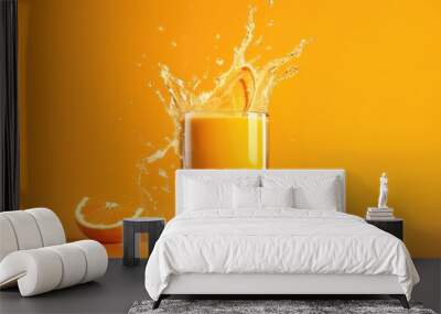 Glass of orange juice with liquid splashes on orange background Wall mural