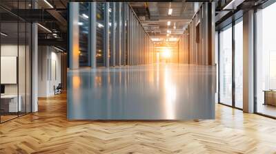 Illuminated Pathways: A Glimpse Into The Heart Of A Modern Data Center As Light Glistens Off The Sleek Floors, Showcasing The Technology That Drives Our Digital Age. Wall mural