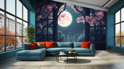 A Fairy's Night View from the Window and Illuminated by the Moon, Featuring a Magical Tree with Flowers and Leaves A Truly Enchanting Background. Wall mural