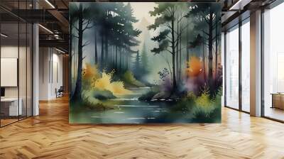 Capture the beauty of a harvest moon rising over a serene lake, adorned with trees and flowers. Abstract landscape painting of a magical night scene.generative.ai  Wall mural