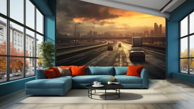 Cloudy Skies With Sunset Over A Highway, Cars driving on a highway with a sunset in the background generative ai
 Wall mural