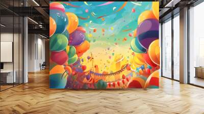 Poster Featuring a Colorful Carnival-Inspired Background with Balloons and Streamers, Creating a Beautiful and Joyful Atmosphere for Children's Celebrations. Generative AI Wall mural