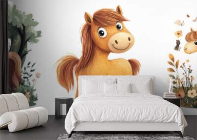 Set off adorable horse surrounded by a magical forest isolated on a transparent background Wall mural