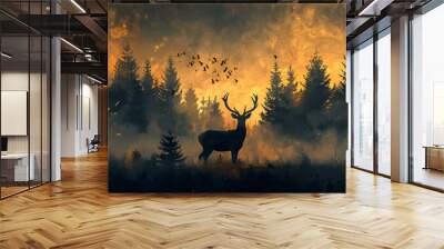 3d abstraction modern and creative interior mural wall art wallpaper with dark green and golden forest trees, deer animal wildlife with birds Wall mural