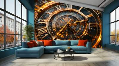 A clock face created from interconnected cosmic constellations, representing the vast and timeless nature of the universe within time. Wall mural