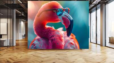 A pink flamingo wearing summer sunglasses against a summer background Wall mural