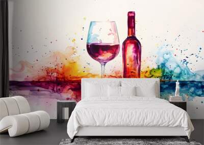 A red wine bottle and a glass of red wine with motion, rainbow colors, abstract watercolor illustration Wall mural