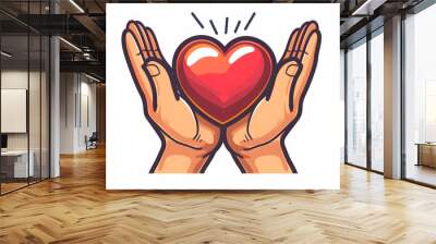 A simple icon of two hands holding up an heart bold lines, white background Wall mural