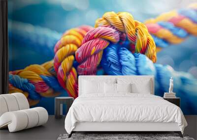 A thick multicolored rope, the strength of which varies in different parts, is stretched in different directions and tied in a knot. The meaning of partnership, teamwork, unity and support Wall mural