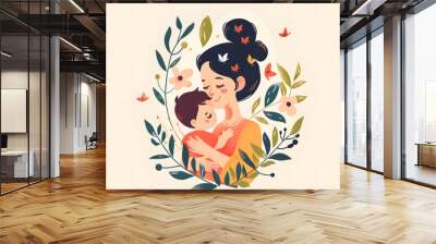 Adult woman holding her baby son with love to illustrate mother's day or motherhood minimalist vector illustration Wall mural