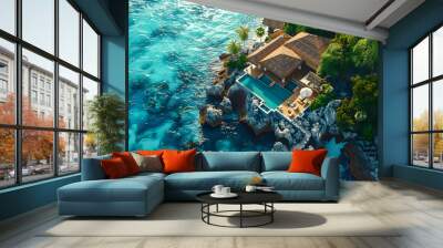 Aerial drone above view of luxury resort hotel villa building with swimming pool on sea or ocean water coast with rocks and cliffs on shore Wall mural