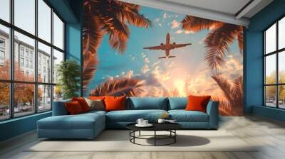 Airplane flying above calm sea and palm trees in clear sunset sky with sun rays. Concept of traveling, vacation and travel by air transport. Beautiful sky background  Wall mural