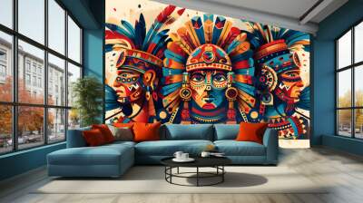 ancient Azteca civilization with iconic symbols such as the Aztec calendar and the feathered serpent god, Quetzalcoatl, alongside Aztec warriors in headdresses Wall mural