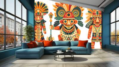 ancient Azteca civilization with iconic symbols such as the Aztec calendar and the feathered serpent god, Quetzalcoatl, alongside Aztec warriors in headdresses Wall mural