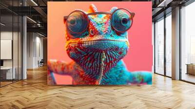 chameleon wearing sunglasses on a solid color background, vector art, digital art, faceted, minimal, abstract, panorama background Wall mural