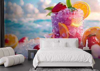 Chill vibes by the beach. Frozen ice adorned with colorful fruits in a cup, creating a refreshing and tropical summer sensation Wall mural