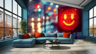 Closeup photography of a smiley face drawing on a red traffic semaphore light or lamp outdoors on a city street at night or in the evening, transport safety regulation for drivers, led stoplight Wall mural