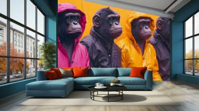 Creative animal concept. Ape in a group, vibrant bright fashionable outfits isolated on solid background advertisement, copy text space. birthday party invite invitation banner  Wall mural