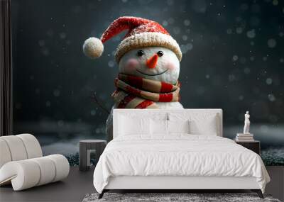 Cute litte christmas snowman isolated on black background Wall mural