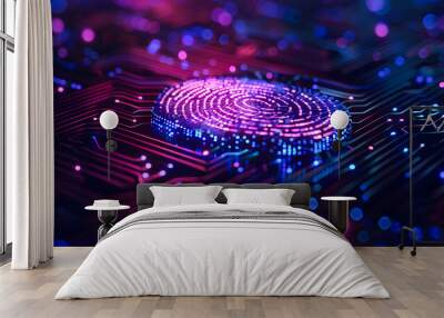 Digital fingerprint scanner, scan biometric identity and access password thru fingerprint, concept of cybersecurity and data protection, security system Wall mural