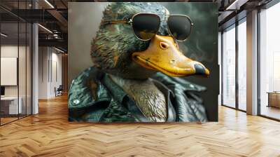 Duck wearing a leather jacket and sunglasses Wall mural