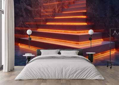 Floating steps with LED strip lights underneath each stair Wall mural