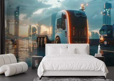 Futuristic electric delivery minivan truck driving in city Wall mural